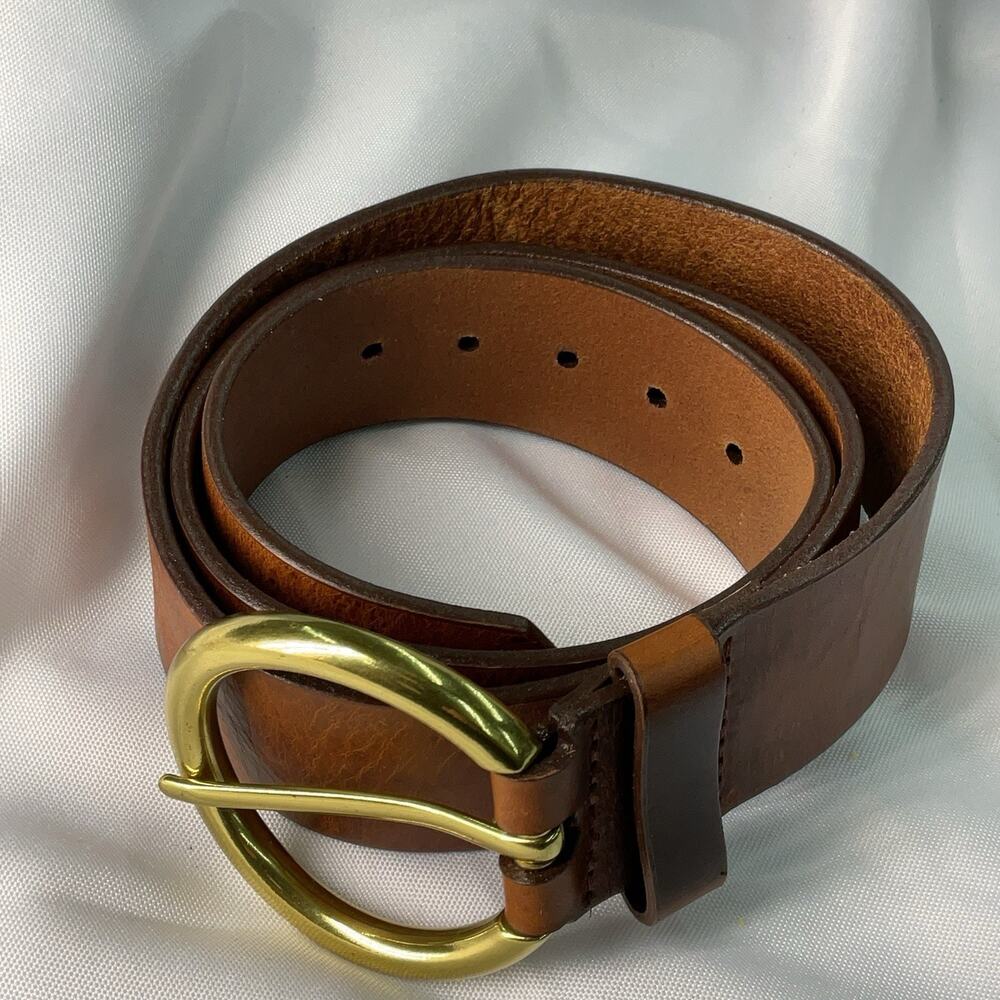Brave 1992 Brown Italian Leather Belt Men Large Gold Tone Buckle Cognac